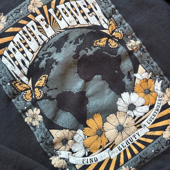 Nature Lover Graphic Hoodie M Black Cropped Sweatshirt Earth Floral Butterfly - Picture 3 of 4